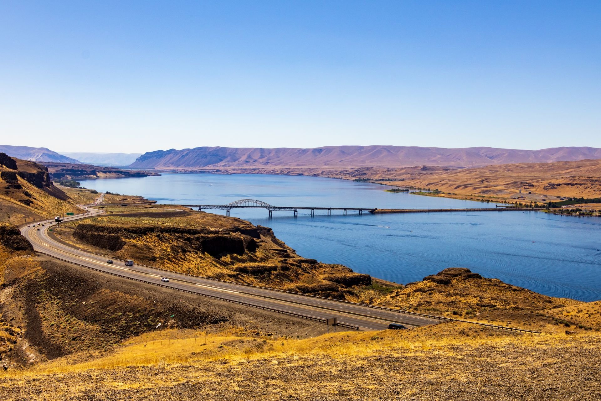 The Columbia River and a highway bridge near Vantage, Washington